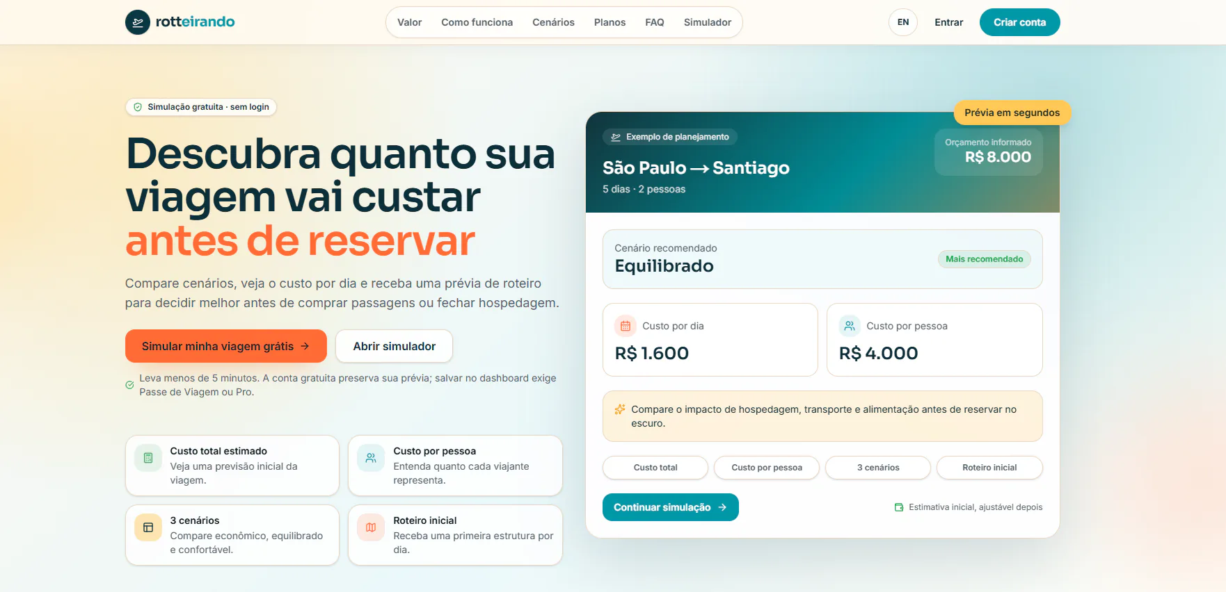 Página inicial do Rotteirando com simulador de custos de viagem